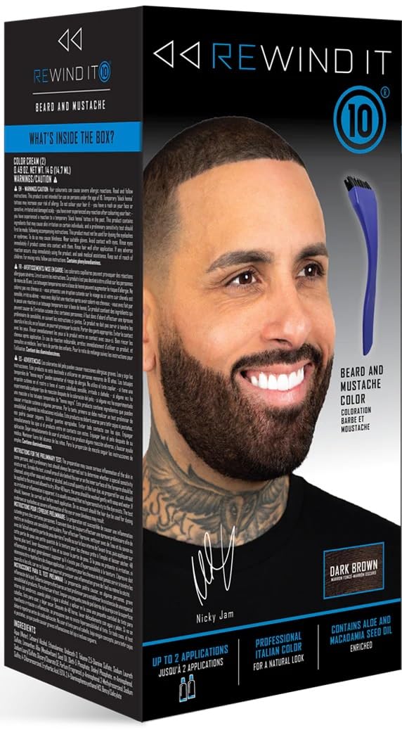 REWIND It 10 dark brown beard color bottle for fast, even coverage.