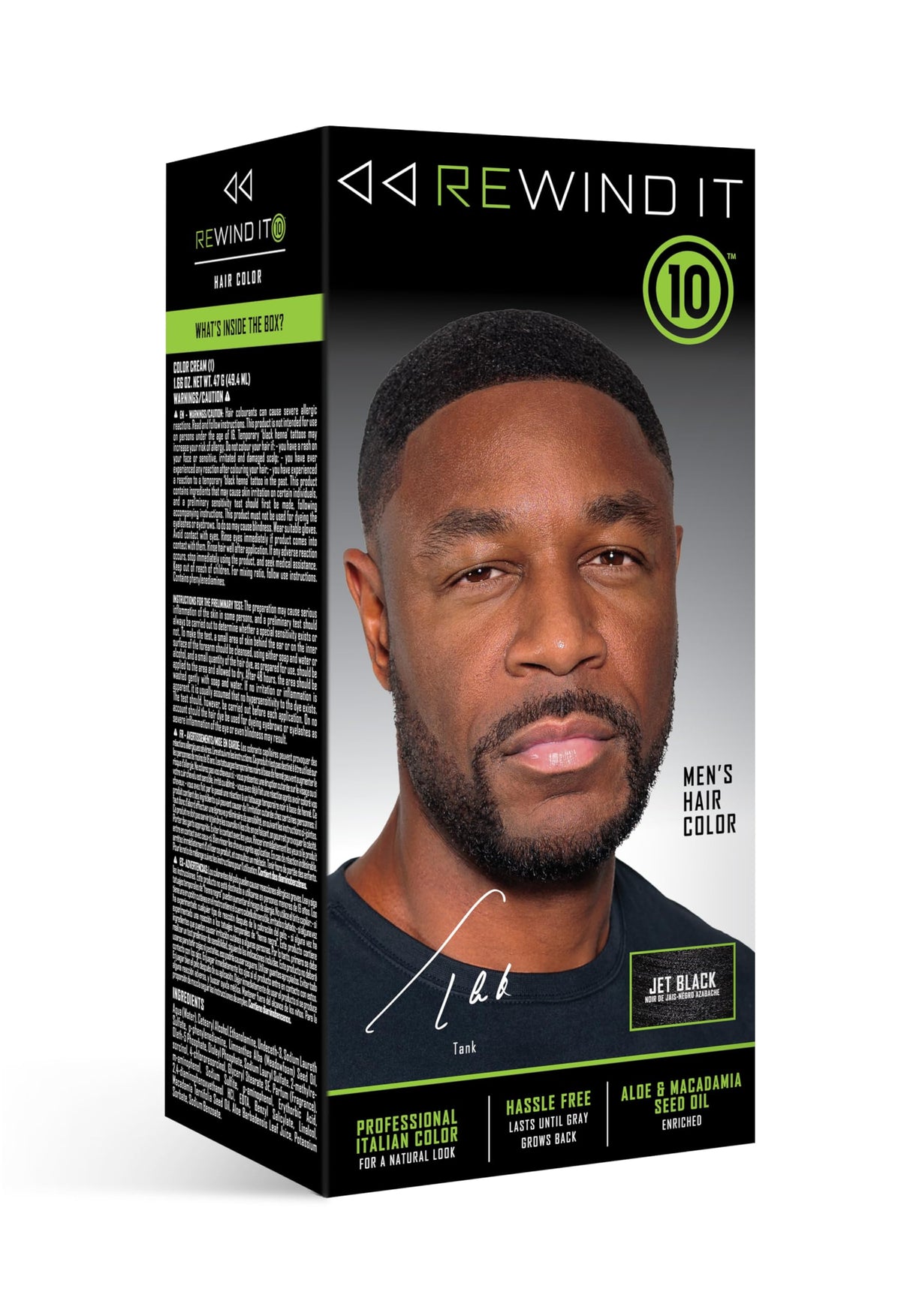 REWIND IT 10 Jet Black hair color bottle demonstrates fast, long-lasting color without ammonia.