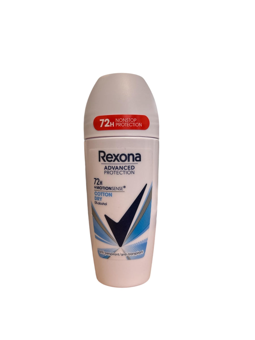 Rexona Cotton Dry Roll-On bottle shown, offering reliable moisture protection throughout the day.