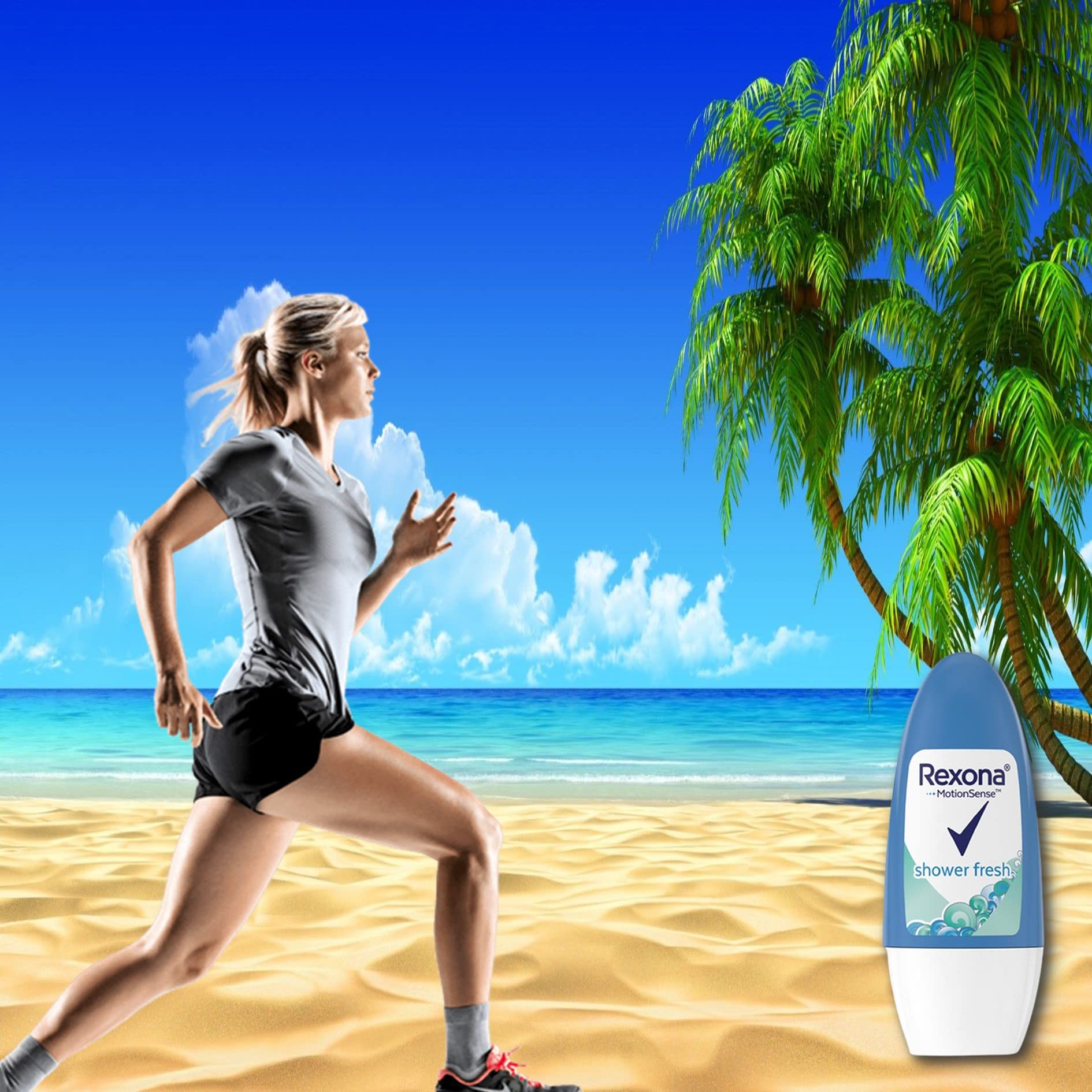 Rexona Shower Fresh roll-on applicator for quick-dry comfort.