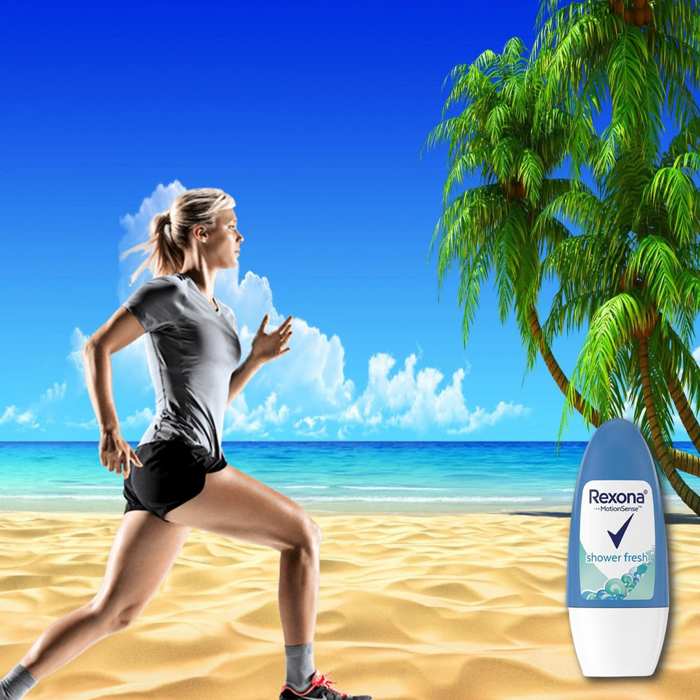Rexona Shower Fresh roll-on applicator for quick-dry comfort.