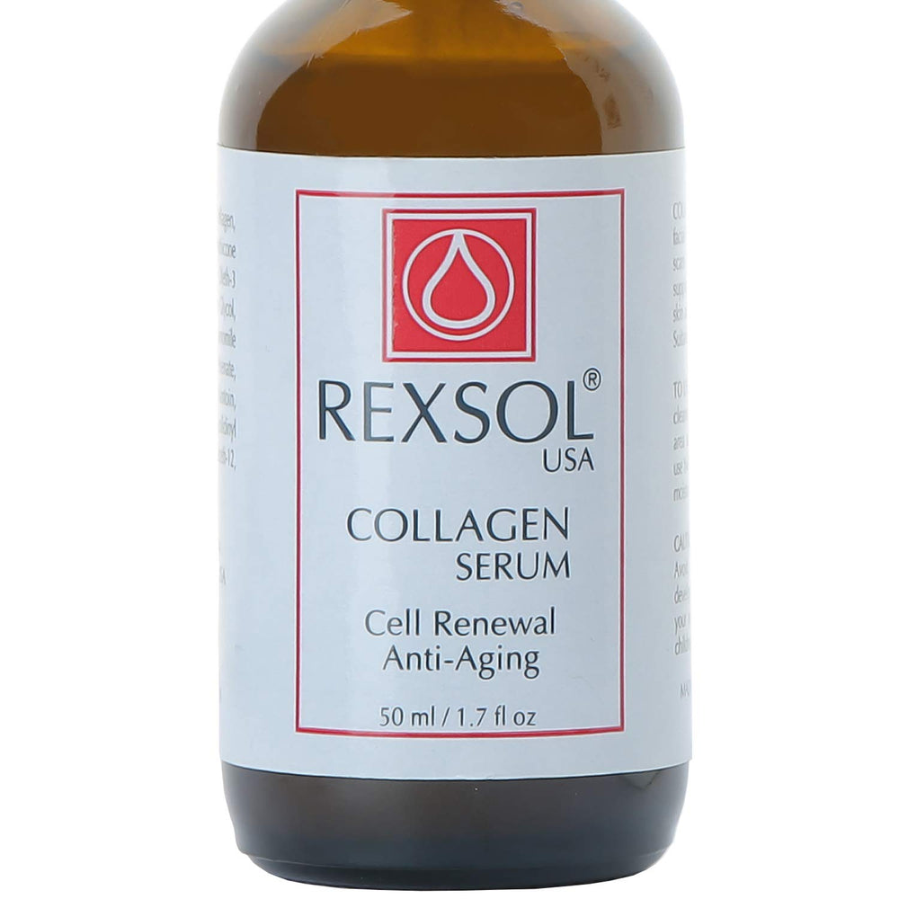 REXSOL Collagen Serum bottle front with premium packaging and anti-aging focus