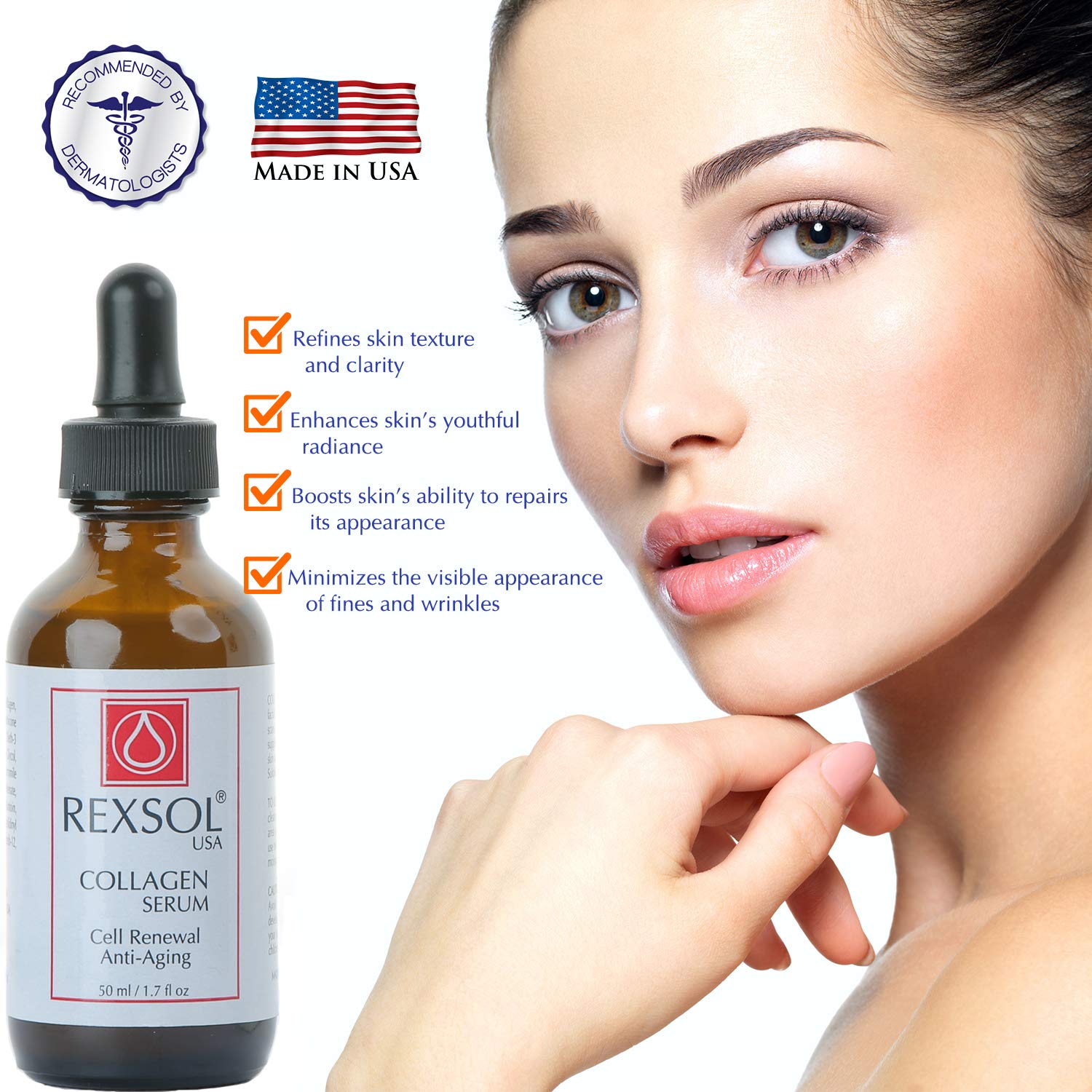 REXSOL Collagen Serum bottle pump enabling quick, even application