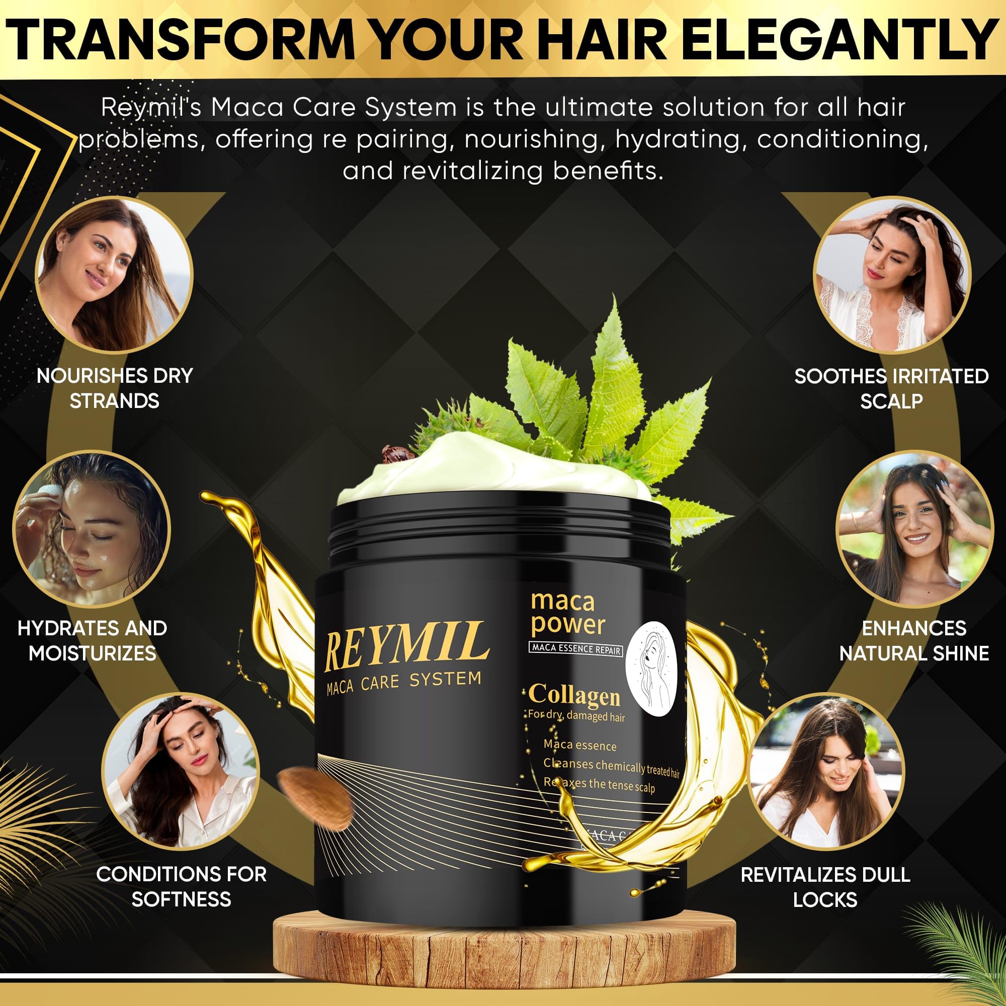 Argan oil droplets beside REYMIL Collagen Hair Mask
