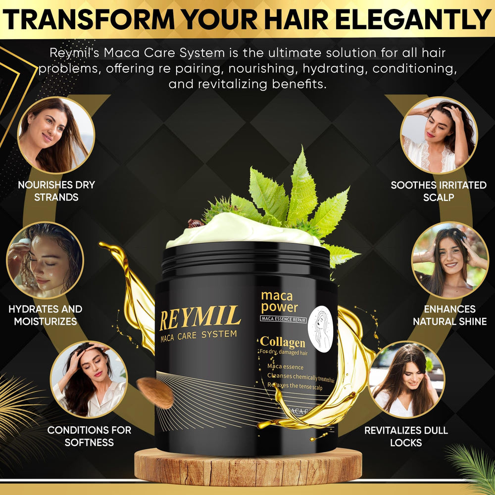 Argan oil droplets beside REYMIL Collagen Hair Mask