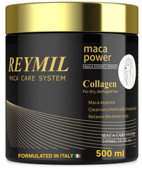 REYMIL Collagen Hair Mask bottle on vanity signaling rich conditioning