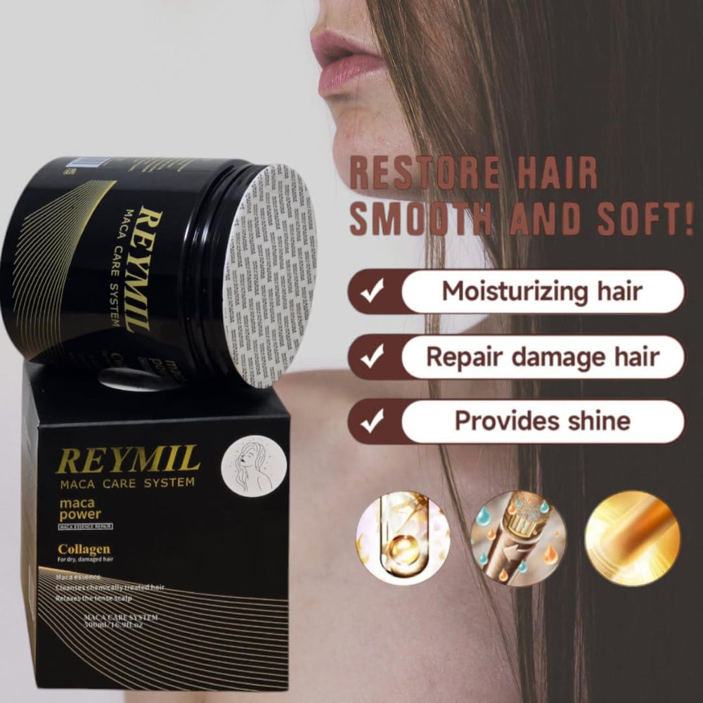 Hands applying REYMIL mask to damp mid-length hair for detangling