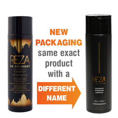Close-up of Reza Fixation Shampoo packaging, chic design signaling premium hydration.
