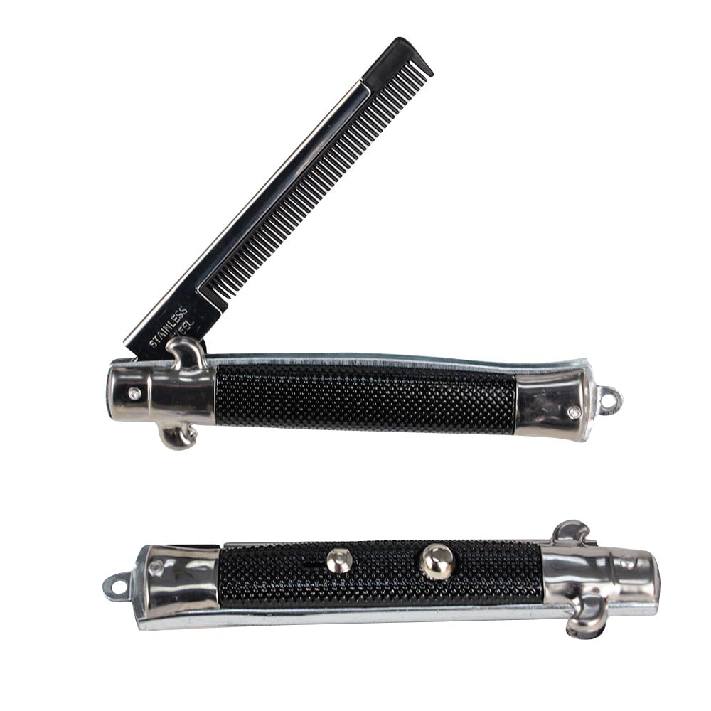 Rhode Island Novelty pocket comb in action with quick open-and-close mechanism.
