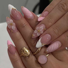 Rhspayh French Tip press-on nails with 3D flowers for versatile nail art.