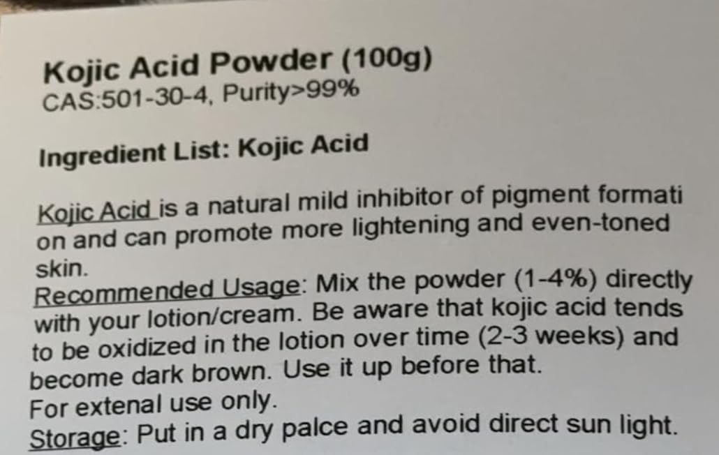 Rice Essence Kojic Acid Powder label detail emphasizes storage and handling guidance.