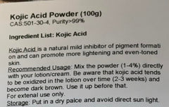 Rice Essence Kojic Acid Powder label detail emphasizes storage and handling guidance.