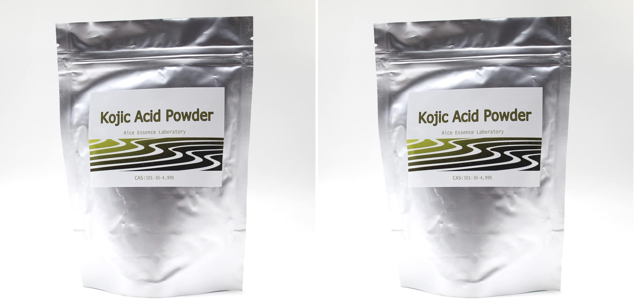 Rice Essence Kojic Acid Powder bottle label, ideal for DIY cosmetic formulations.