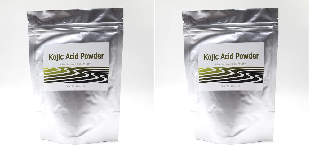Rice Essence Kojic Acid Powder bottle label, ideal for DIY cosmetic formulations.