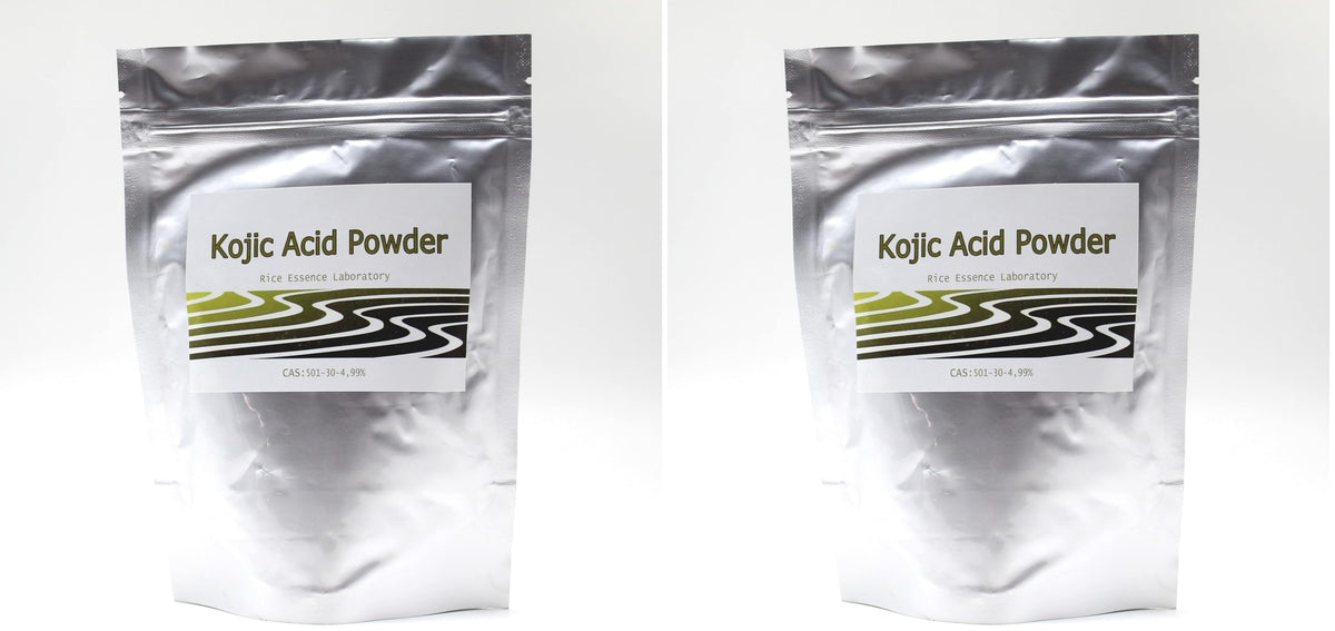 Rice Essence Kojic Acid Powder bottle label, ideal for DIY cosmetic formulations.