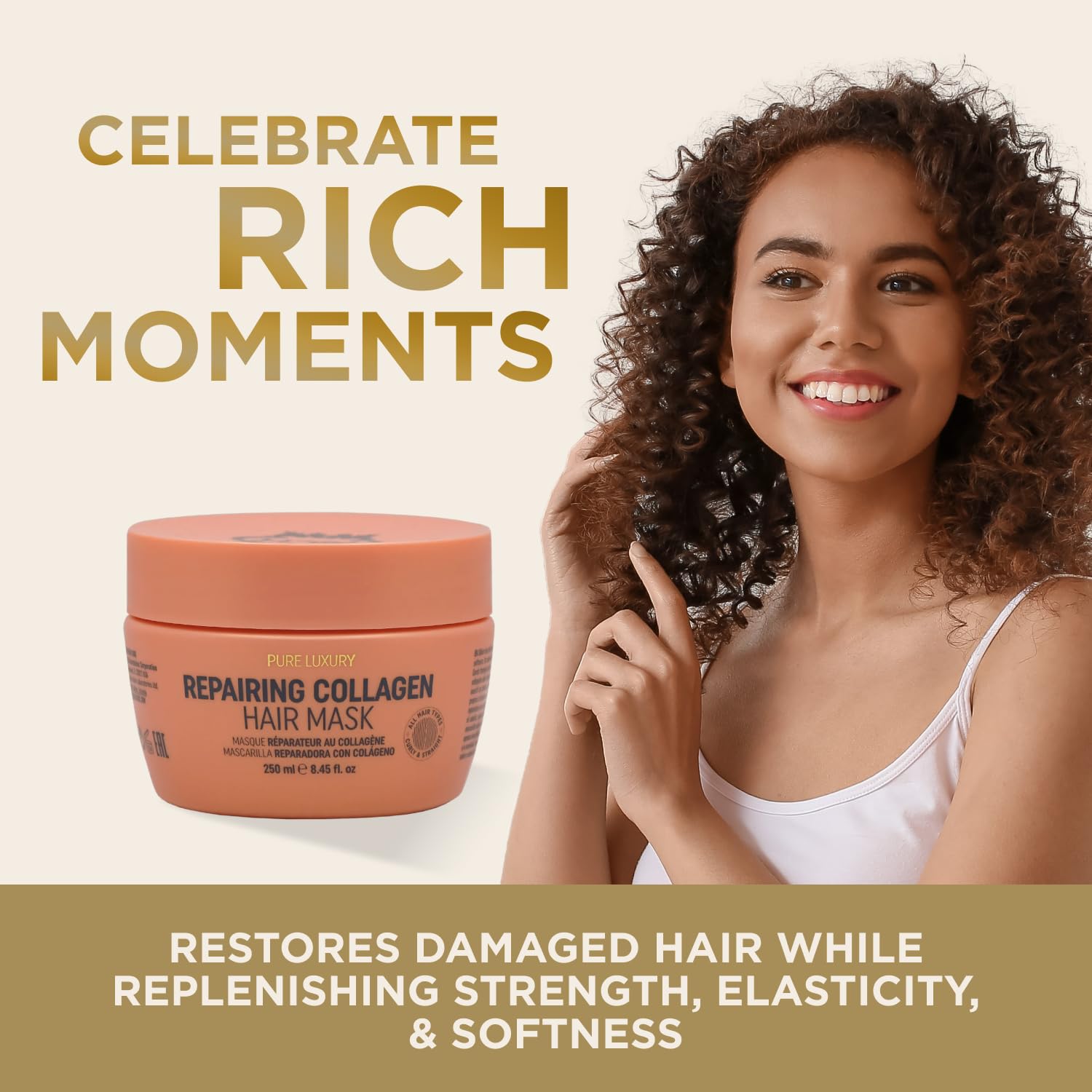 RICH Pure Luxury repairing hair mask with marula oil nourishes and revitalizes dry hair.