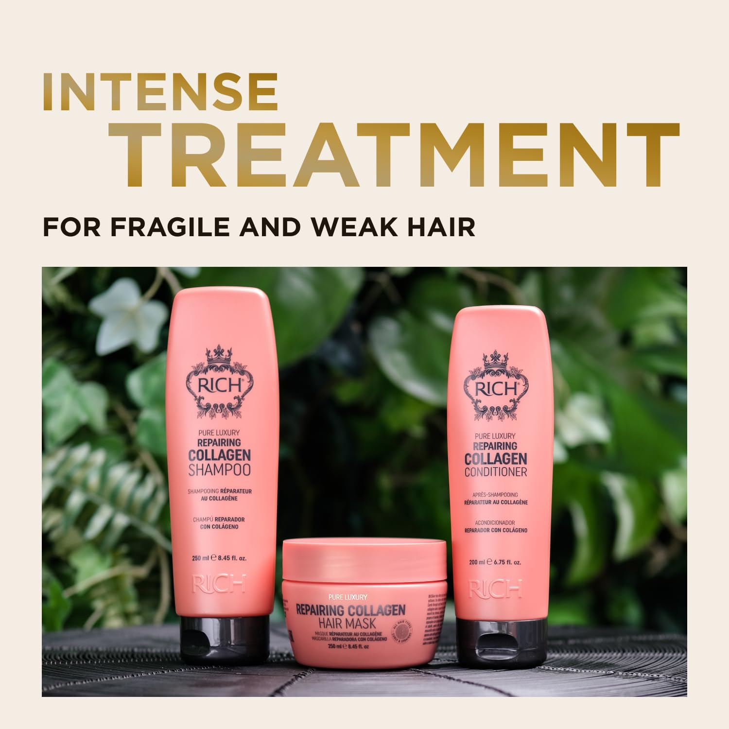 RICH packaging highlights premium care for damaged hair at home.