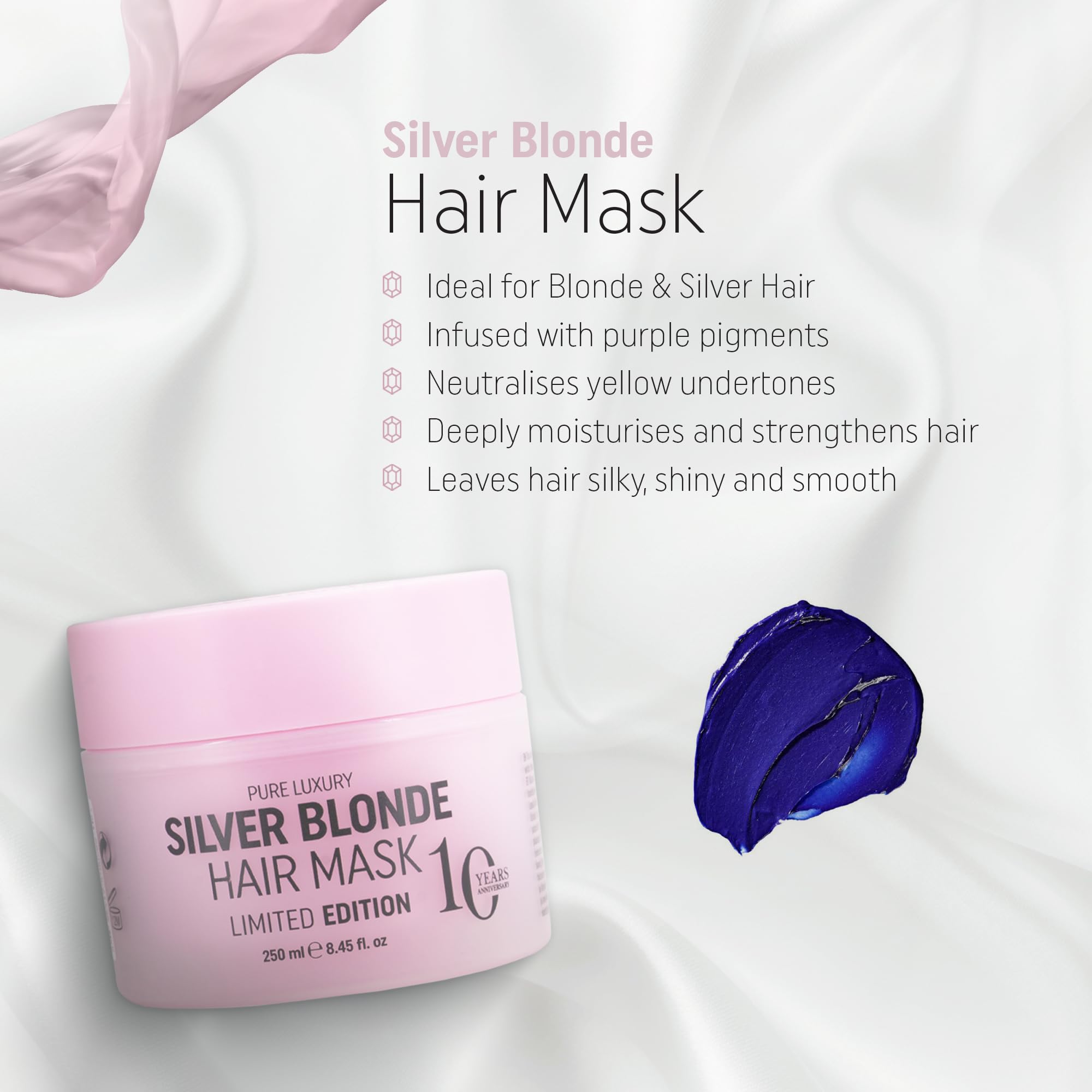 RICH Purple pigment in the mask neutralizes brass for icy blonde tones.
