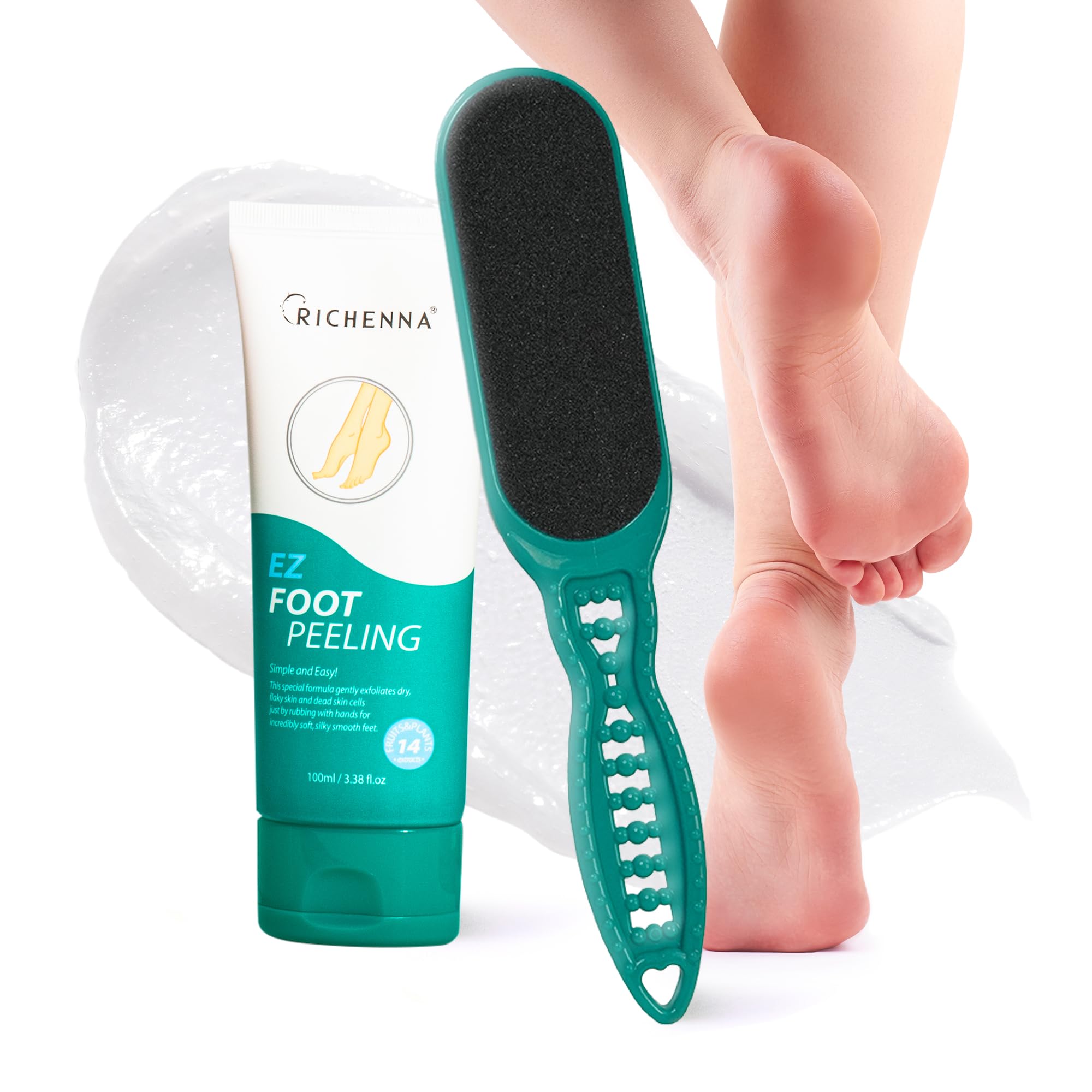 Richenna EZ Foot Care Cream bottle for at-home exfoliation and hydration.