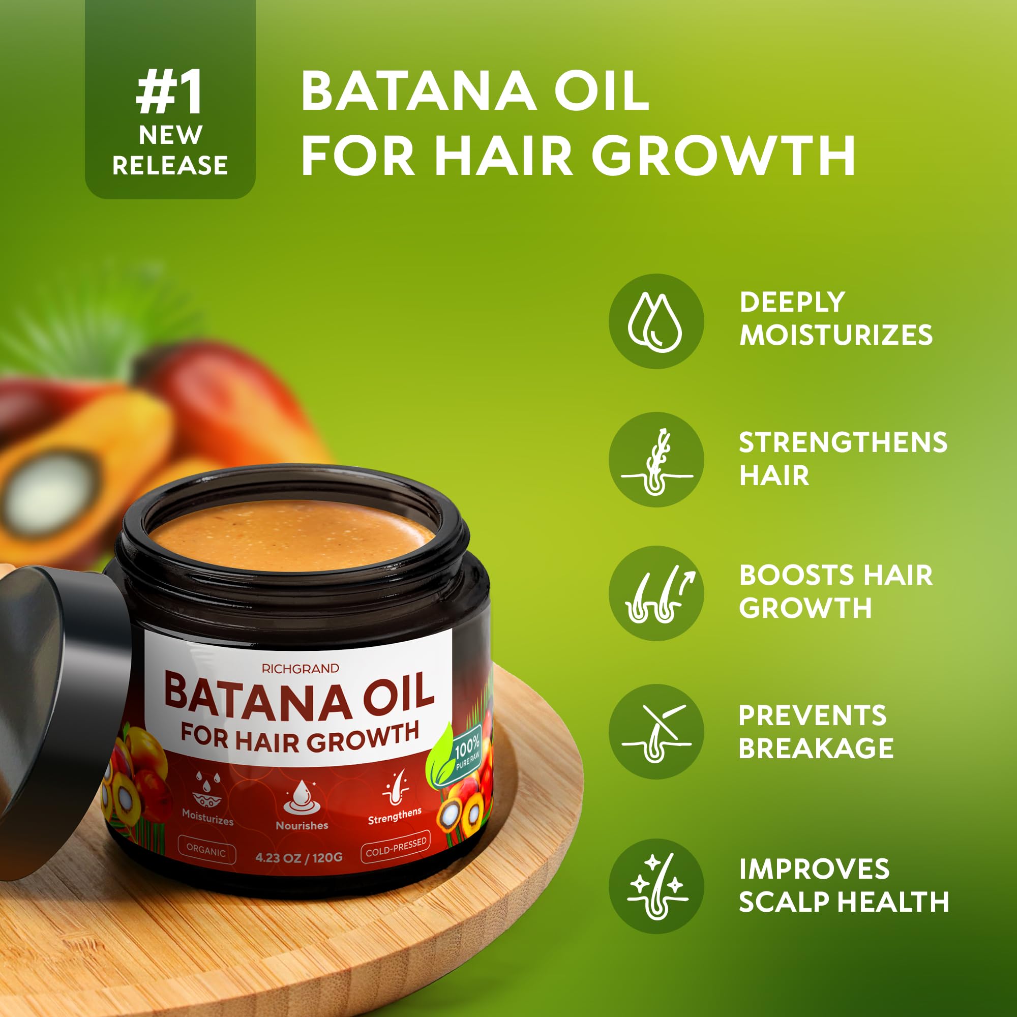 RichGrand Batana Oil application scene shows lightweight mask for damaged hair.