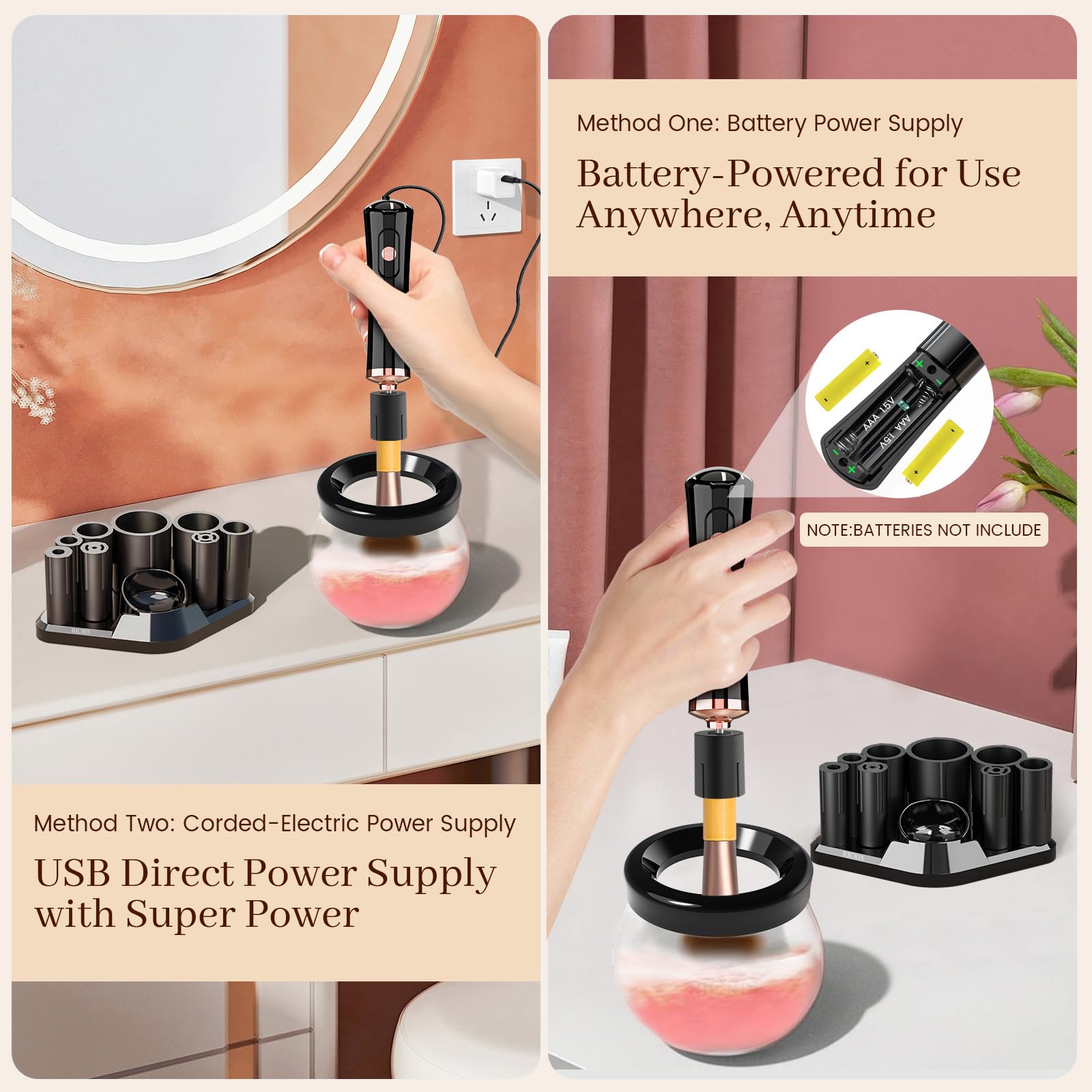 USB and battery power options for portable use on the go.