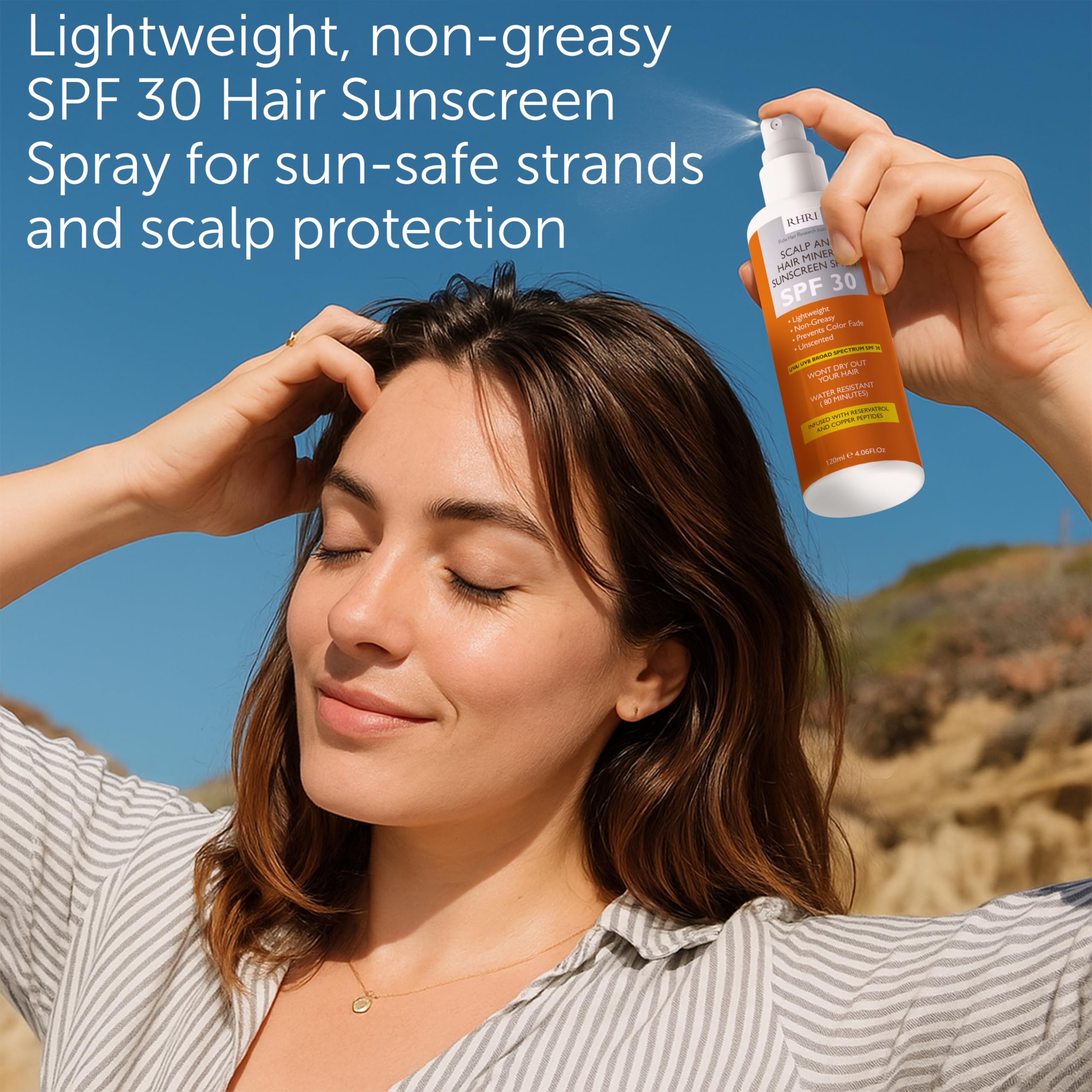 Rida beach-ready sunscreen spray guards hair during sunny seaside moments.