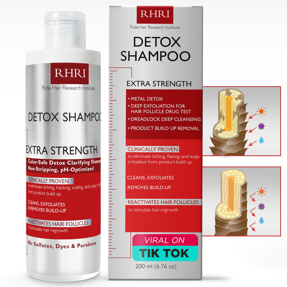 Rida Detox Shampoo bottle pouring, illustrating cleansing action for buildup removal.