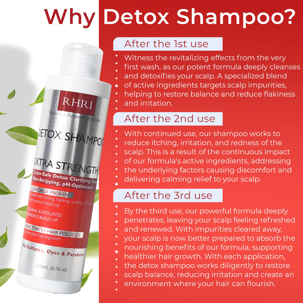 Rida Detox Shampoo bottle with colour-safe label conveys gentle purification for colour-treated hair.
