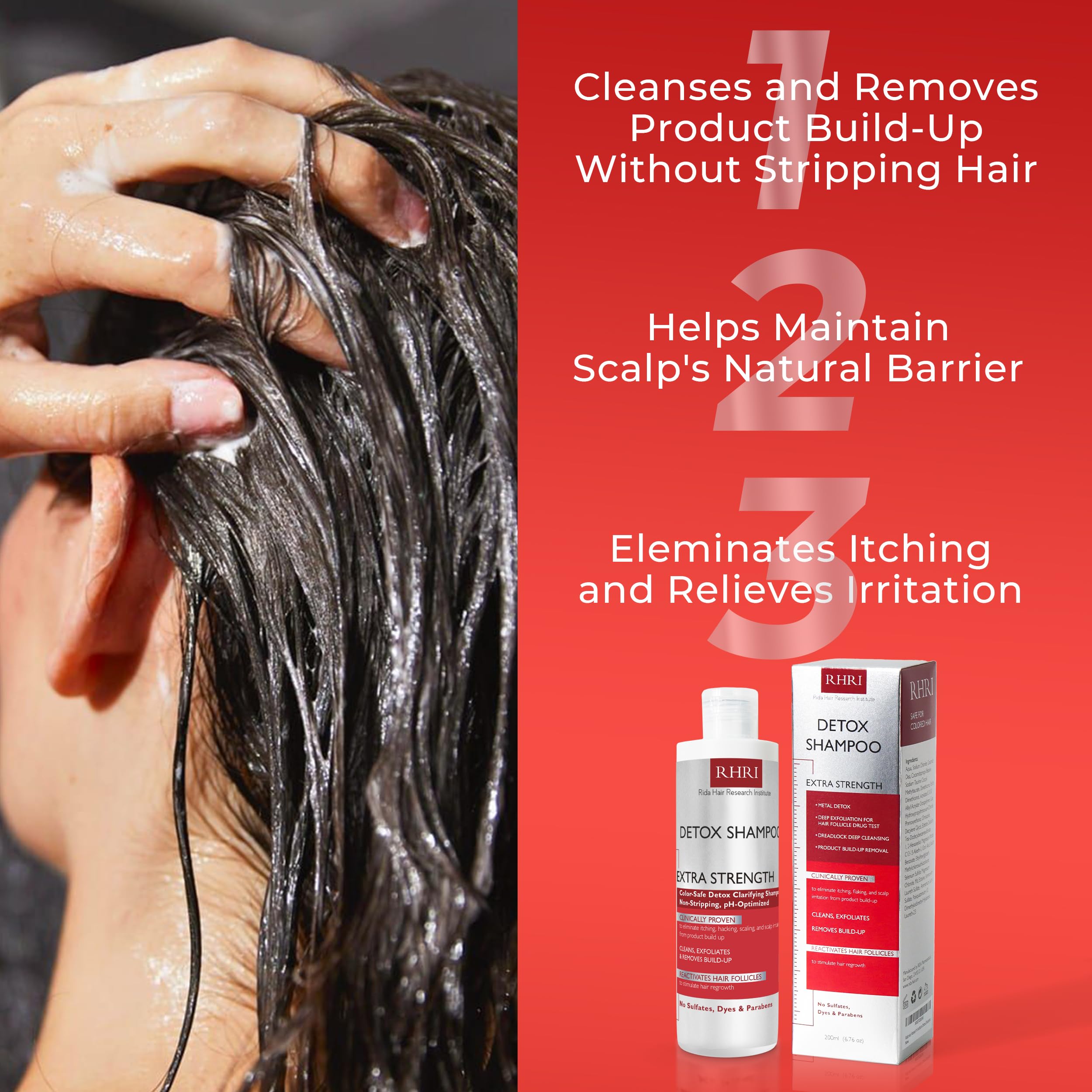 Rida Detox Shampoo product image highlights fresh cleanliness and residue-free hair feel.