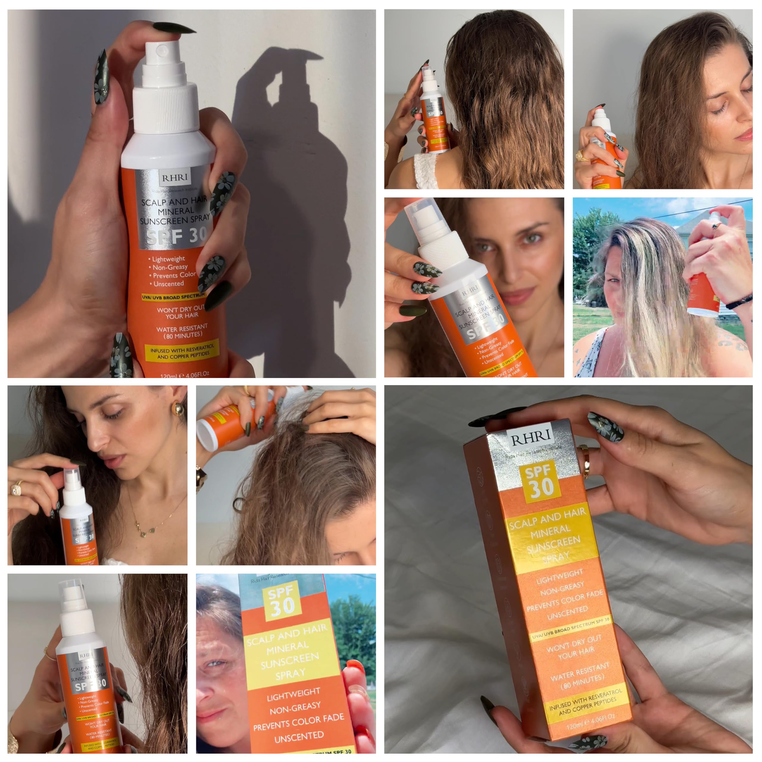 Rida SPF30 spray for scalp and hair protection on sunny days.
