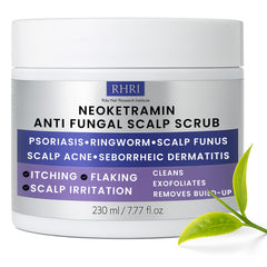 Rida Hair Anti Fungal Scrub bottle shows medicated formula for dandruff relief.