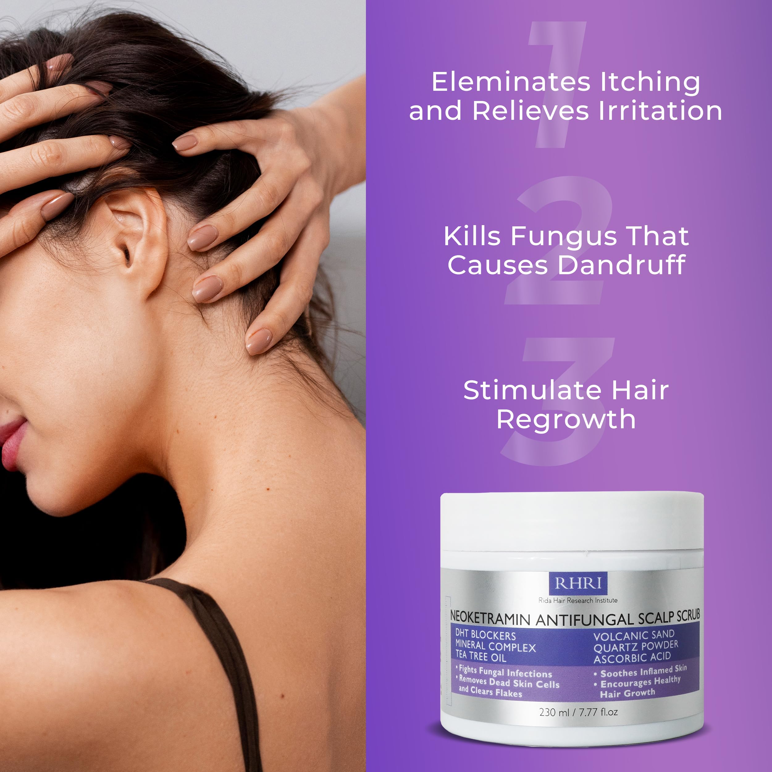 Rida Hair Scrub jar detail emphasizes scalp health support.