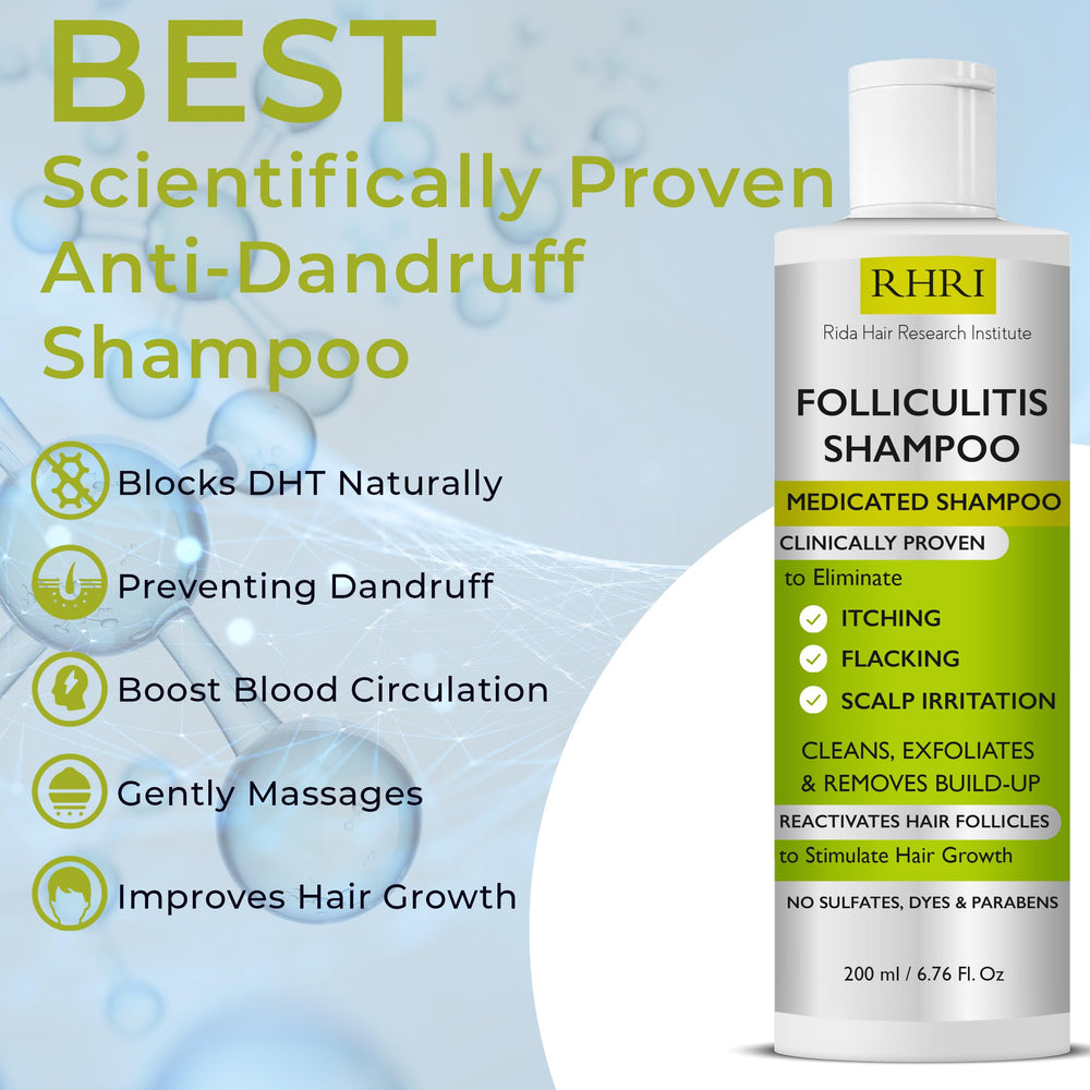 Rida Hair Research Institute anti-fungal shampoo ingredients panel with soothing botanicals.