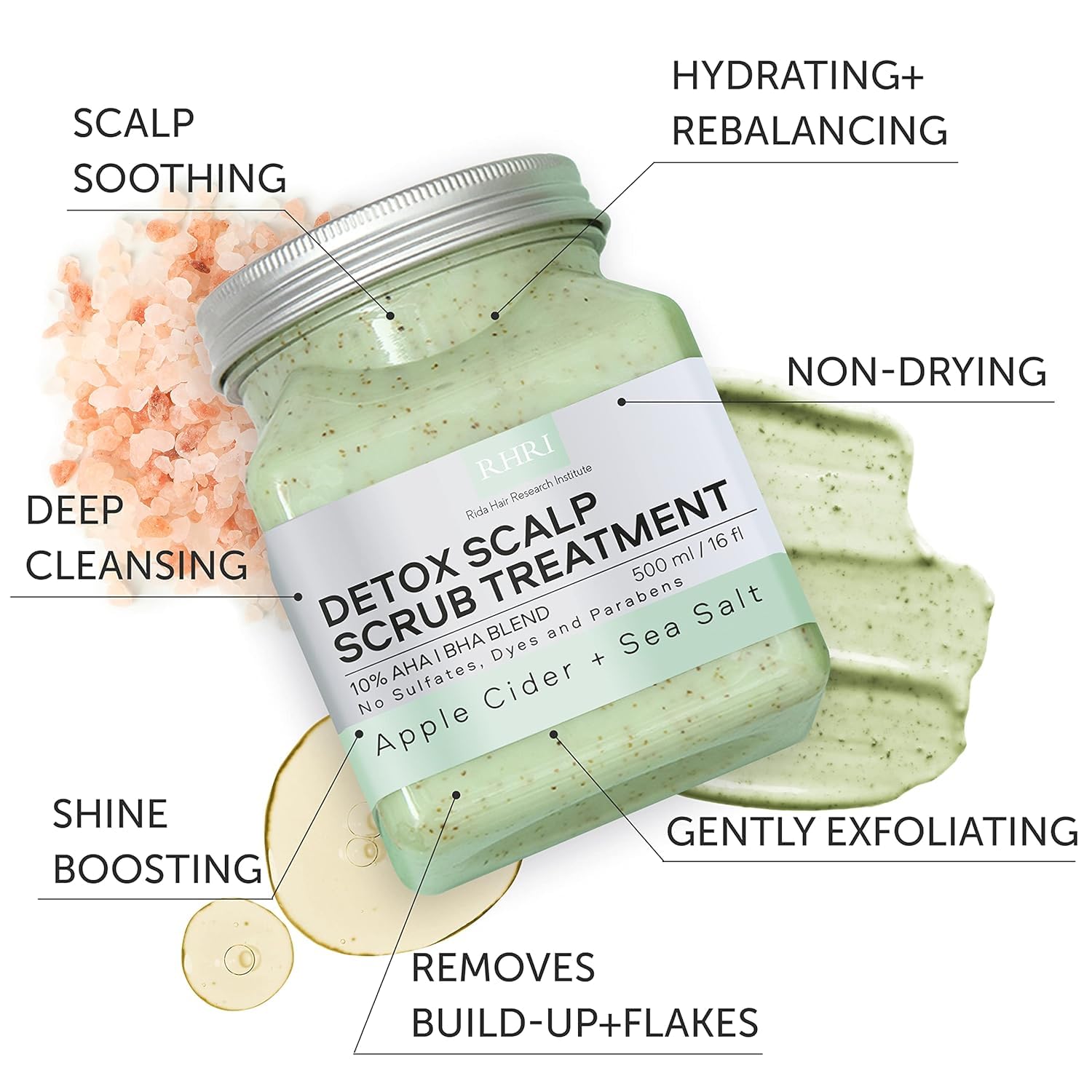 Rida Hair Research Institute Green Scalp Scrub packaging with clean label emphasis.