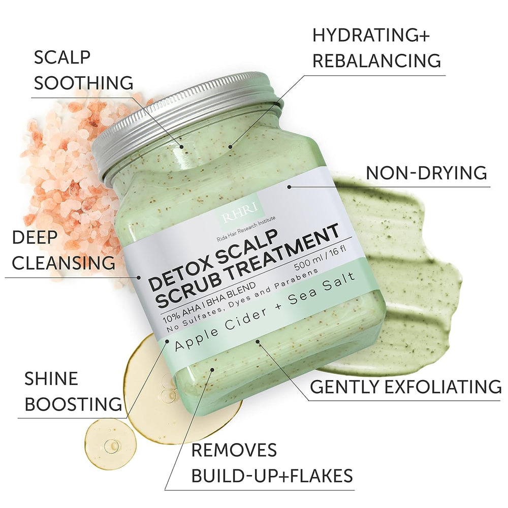 Rida Hair Research Institute Green Scalp Scrub packaging with clean label emphasis.