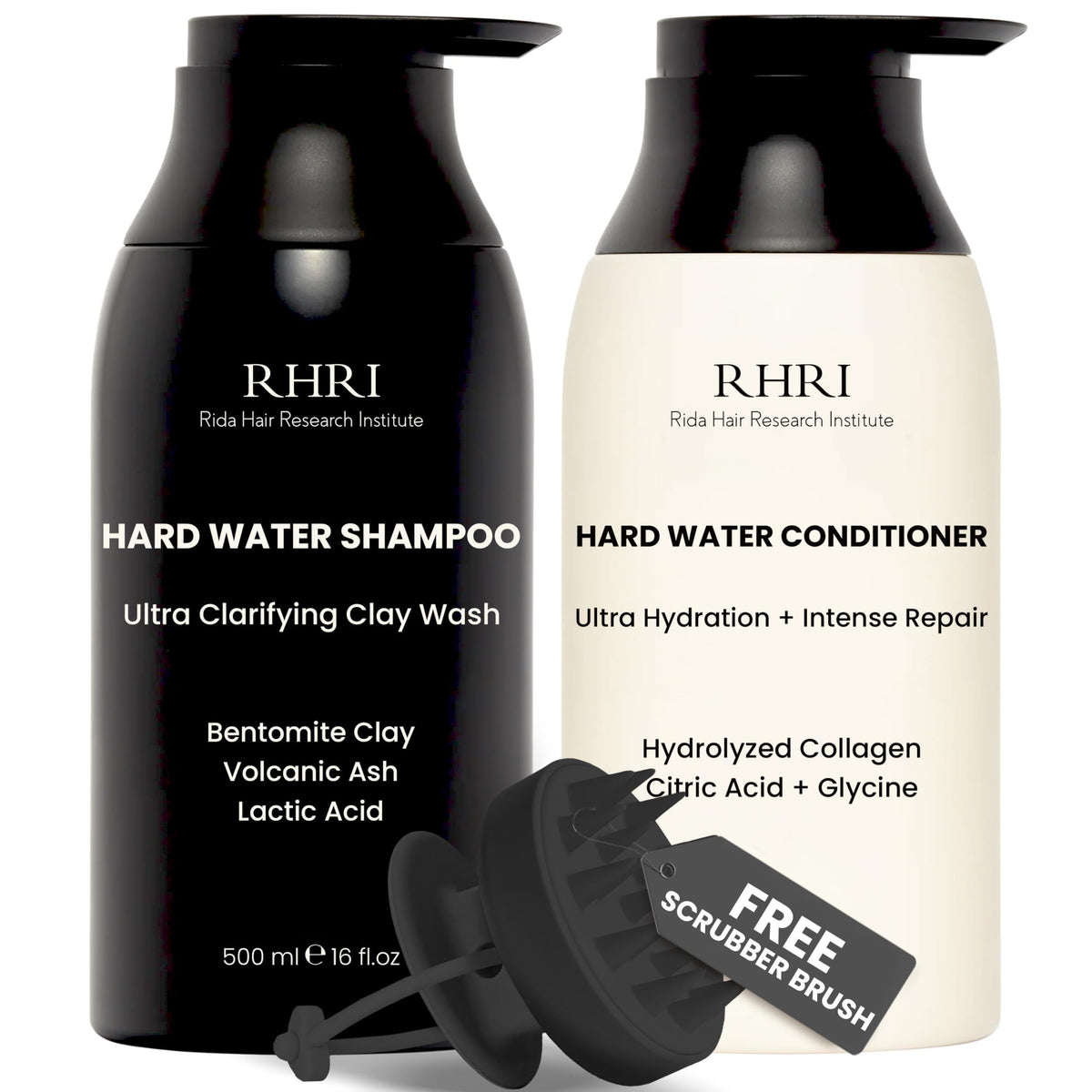 Rida Hair Research Institute hard water shampoo with bentonite clay clarifies minerals for refreshed hair.