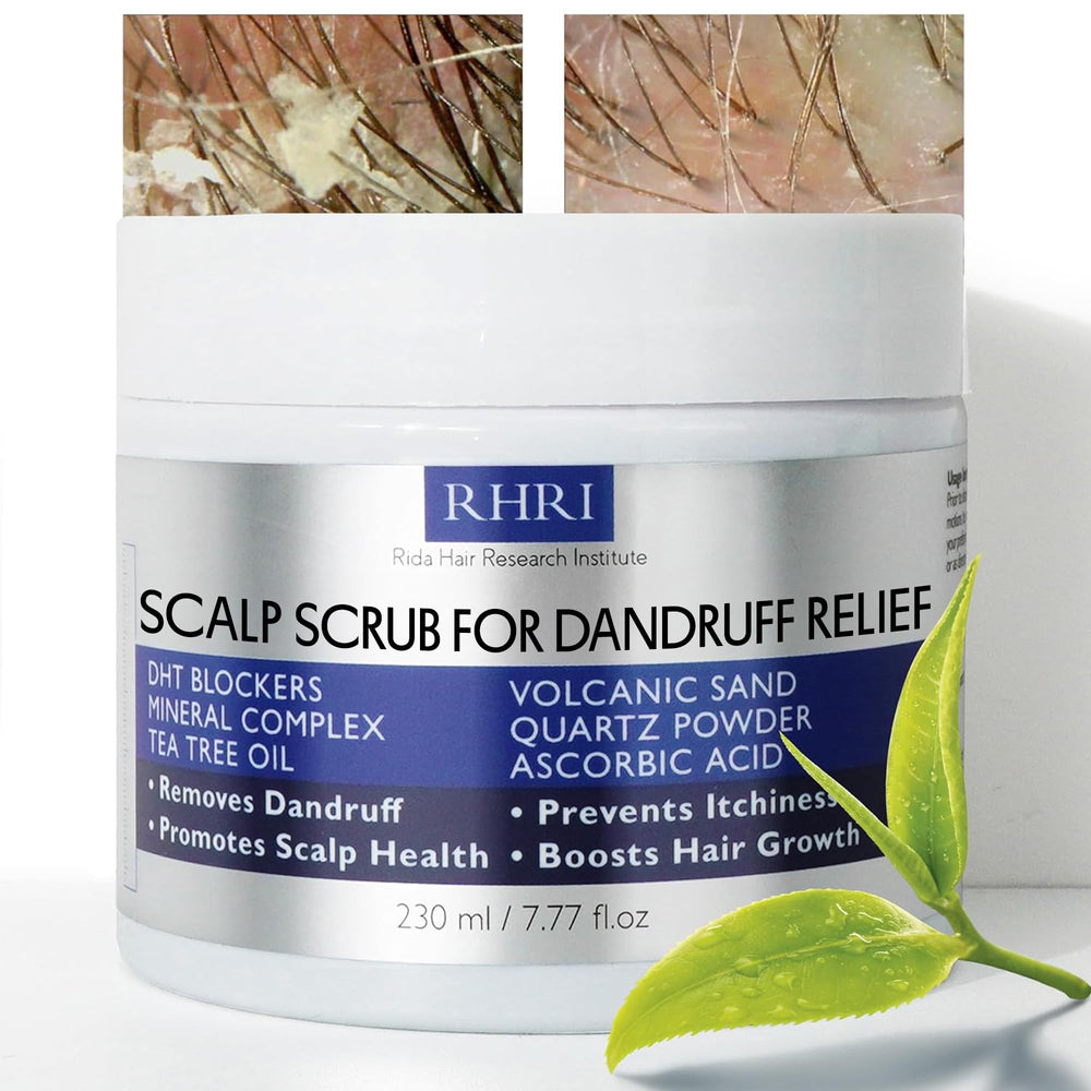 Rida Hair Research Institute anti-dandruff scrub with tea tree oil for refreshed scalp.