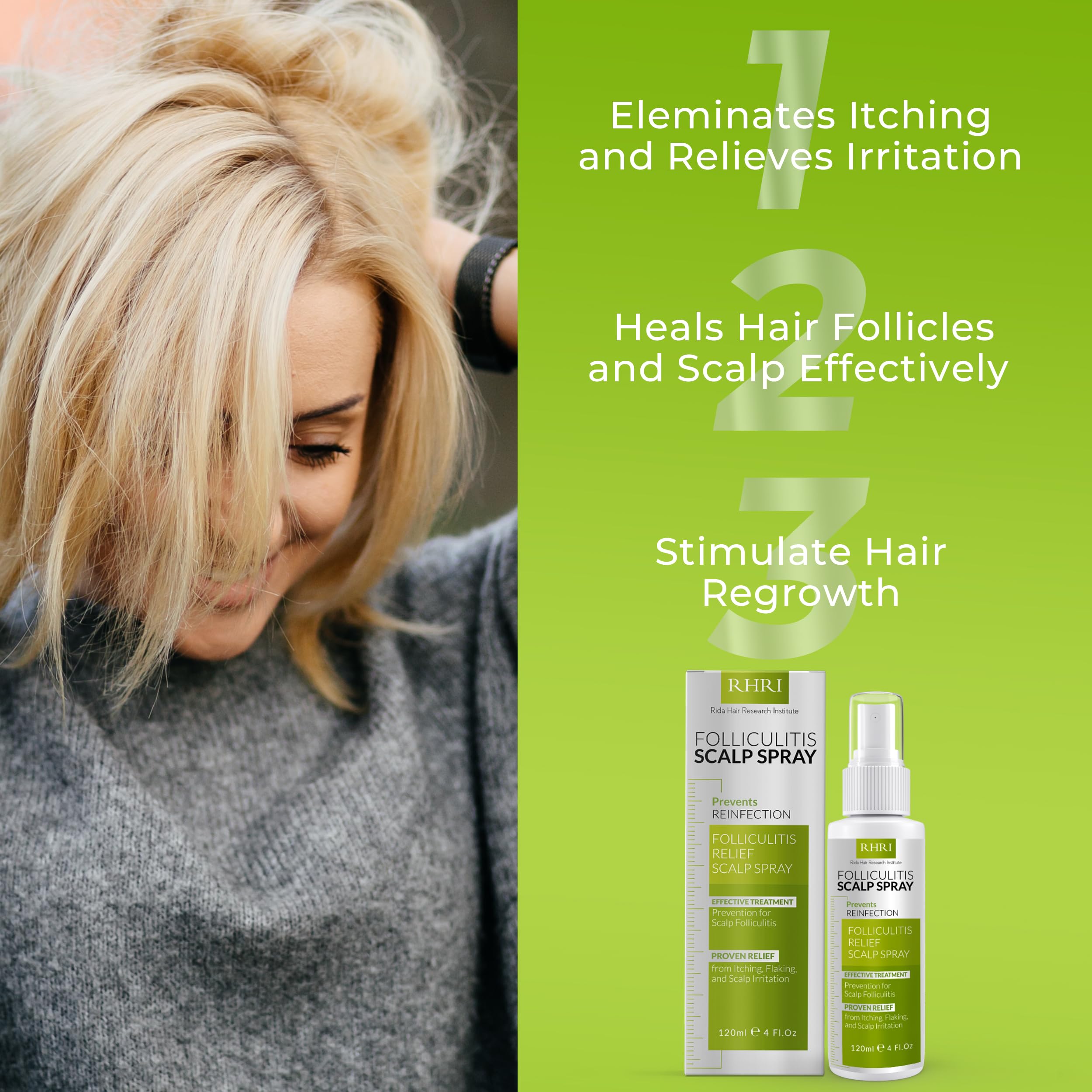 Rida Folliculitis Spray closeup shows calm, balanced scalp after use.