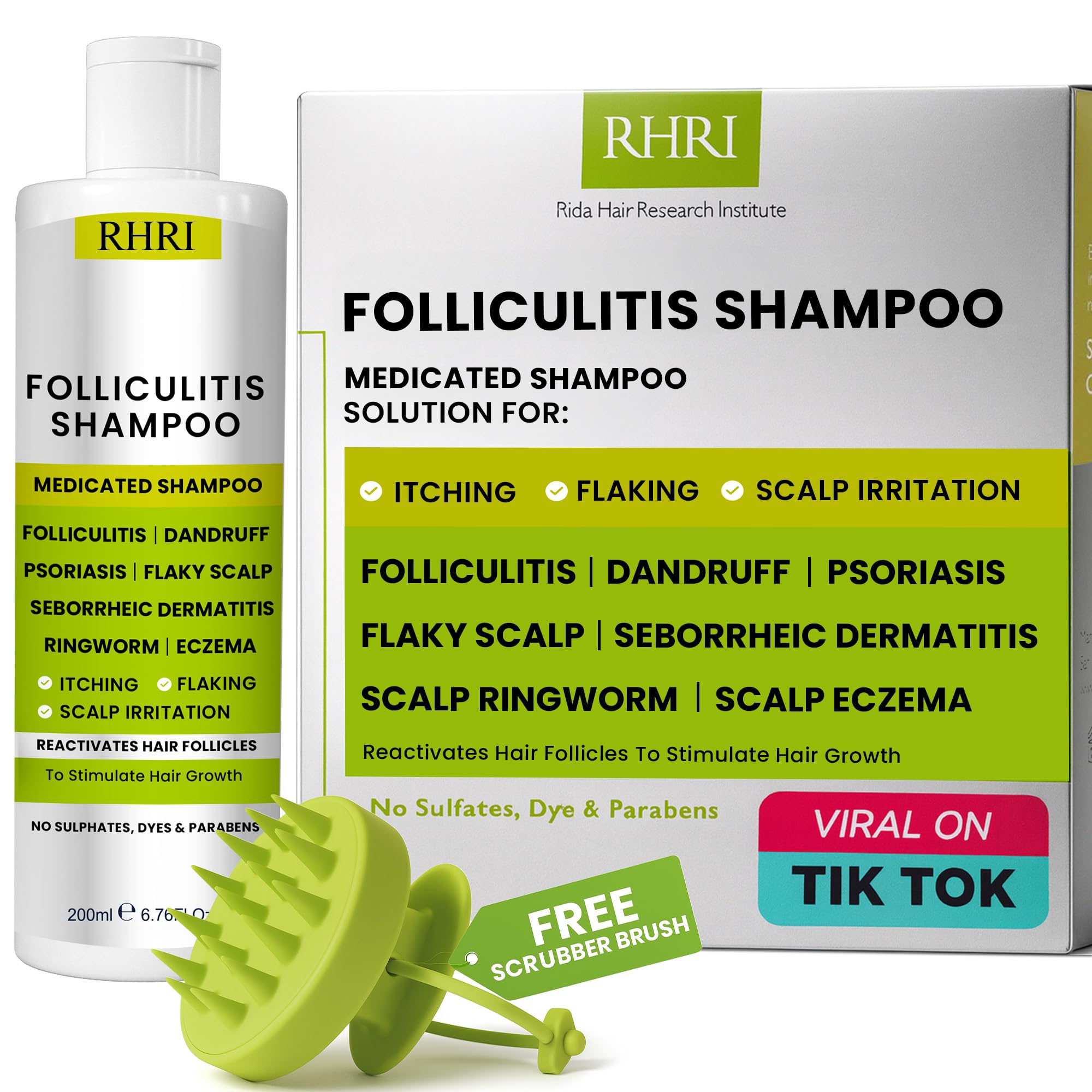 Rida Hair Folliculitis Shampoo bottle being poured for refreshing scalp cleansing.