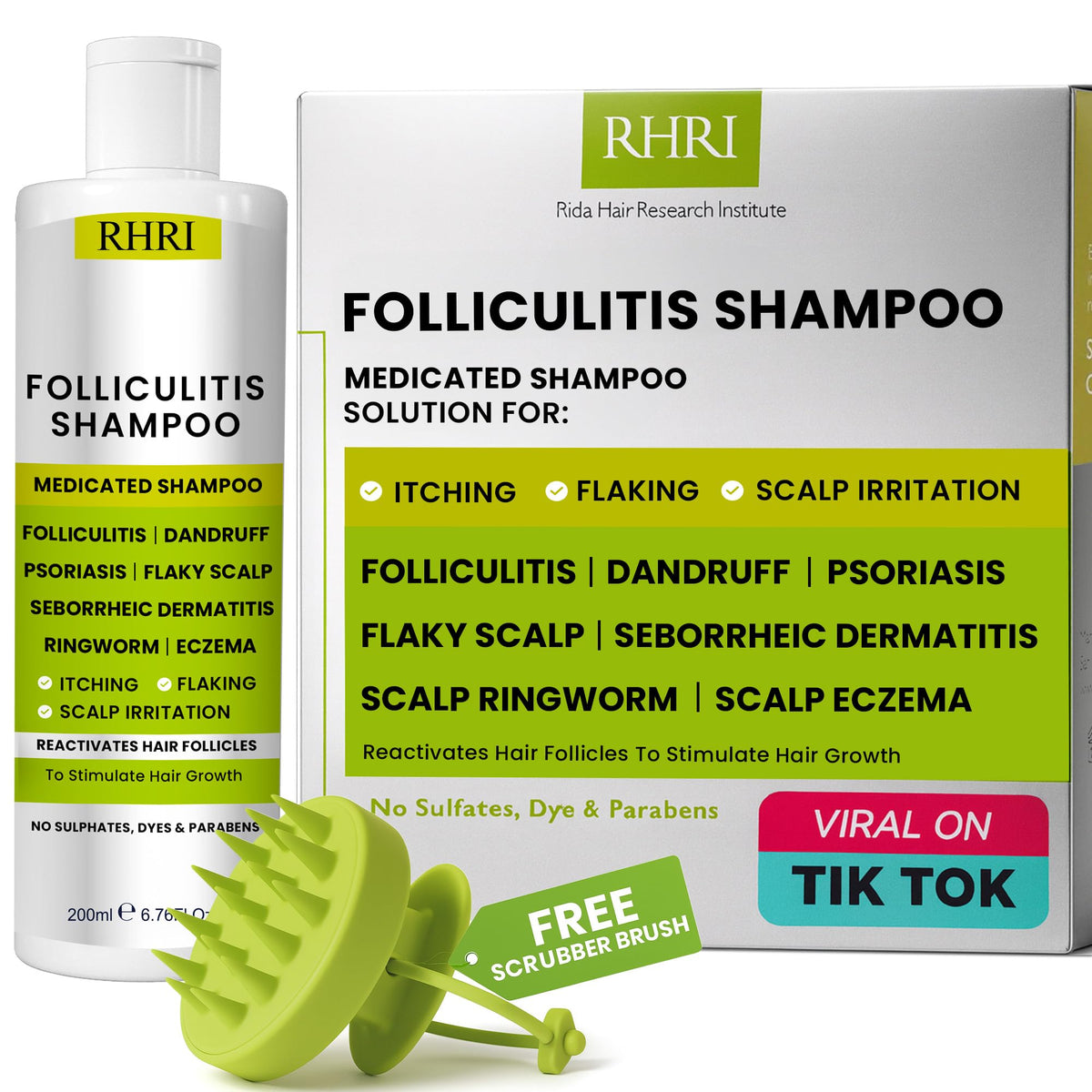Rida Hair Folliculitis Shampoo bottle being poured for refreshing scalp cleansing.