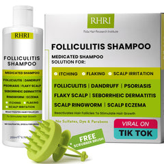 Rida Hair Folliculitis Shampoo bottle being poured for refreshing scalp cleansing.