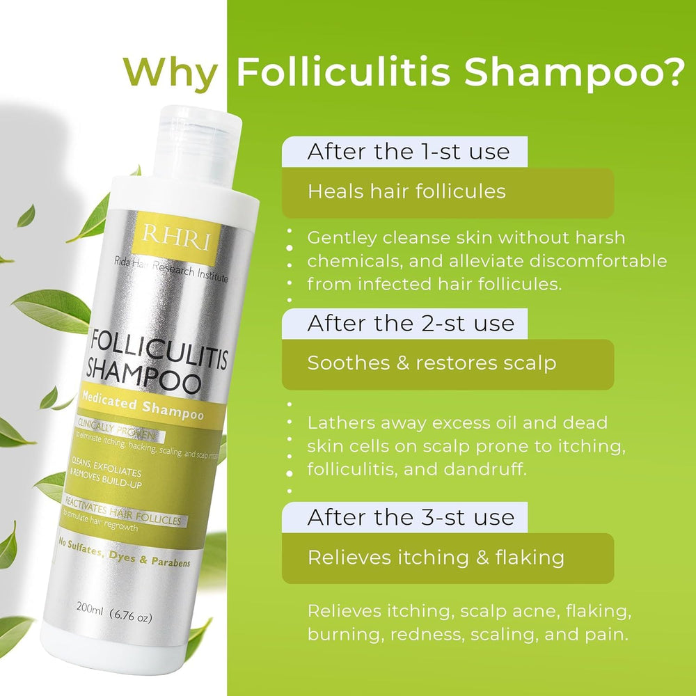 Rida Folliculitis Shampoo with herbal extracts supports scalp health.