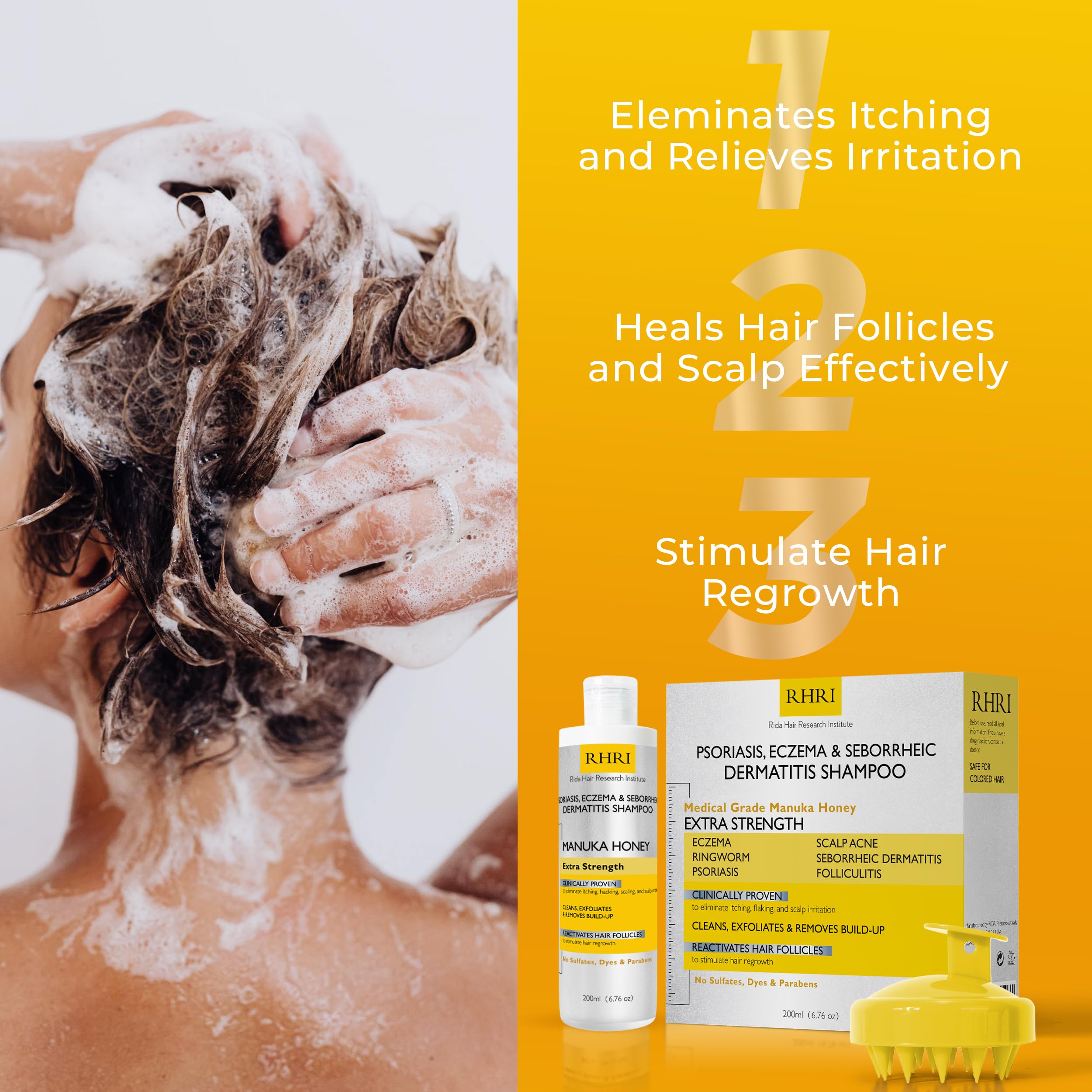 Rida Hair Research Institute psoriasis shampoo application swirl highlights easy massage and coverage.