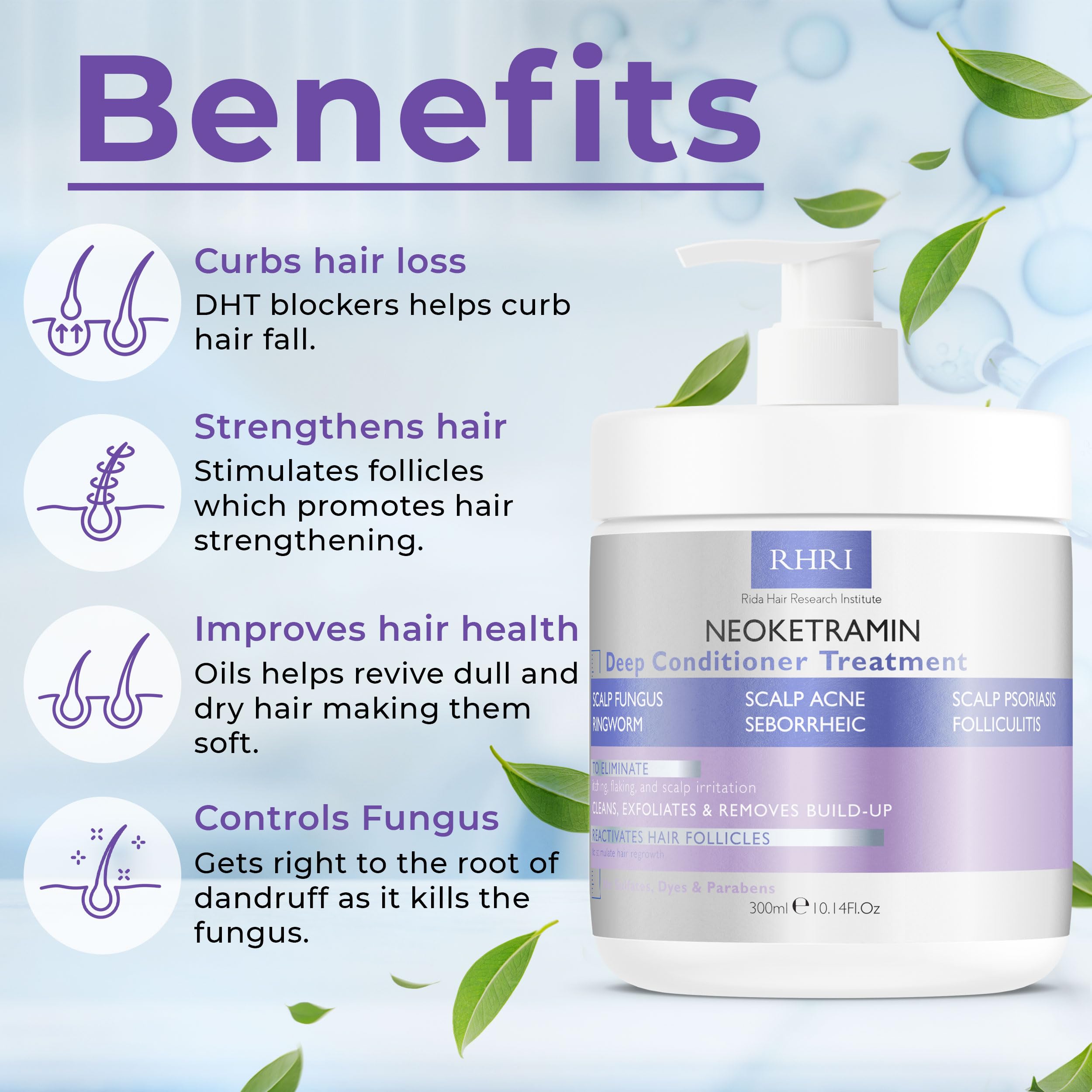 Rida Hair Research Institute scalp care deep conditioner packaging promoting dandruff relief.