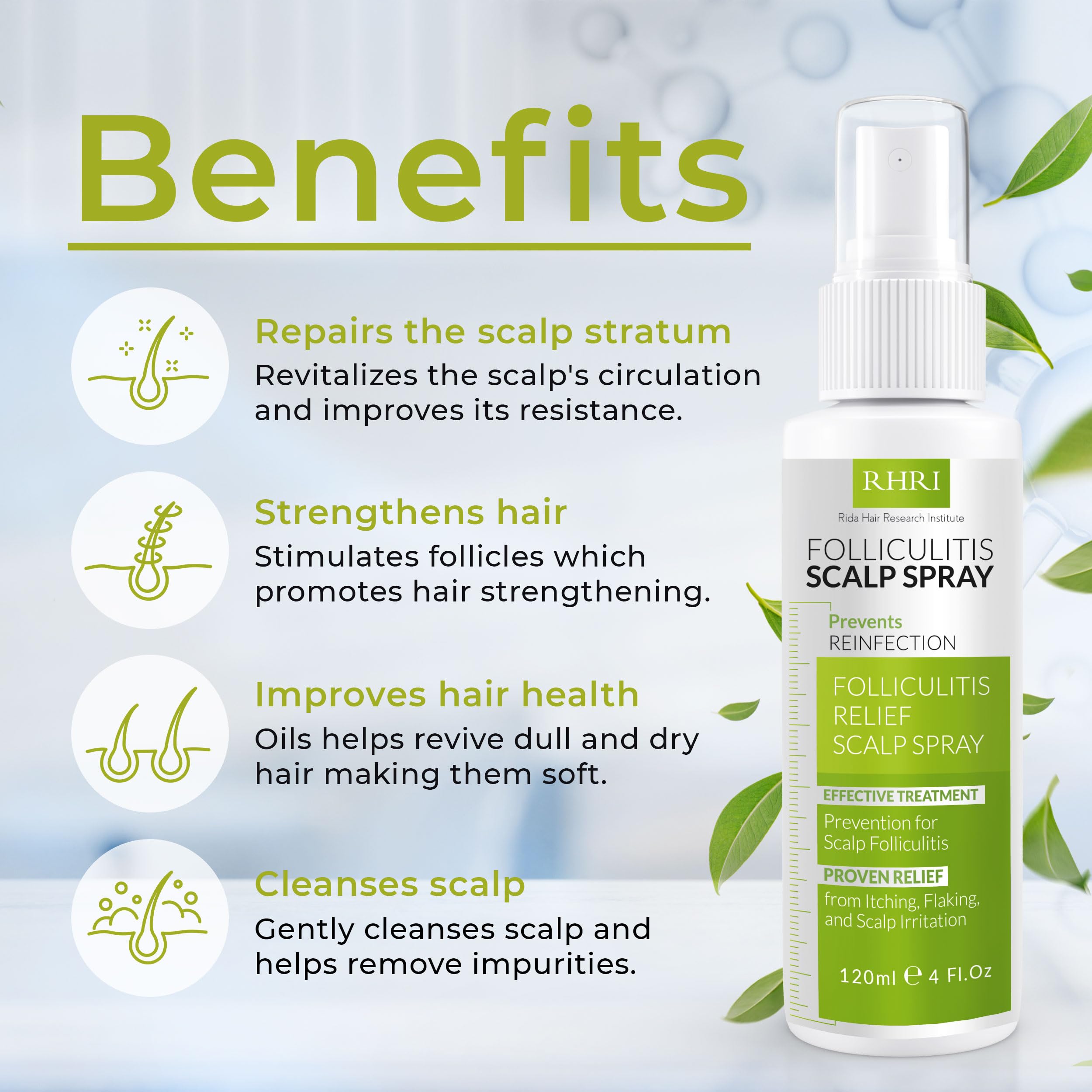 Rida Folliculitis Spray application closeup for targeted scalp care.