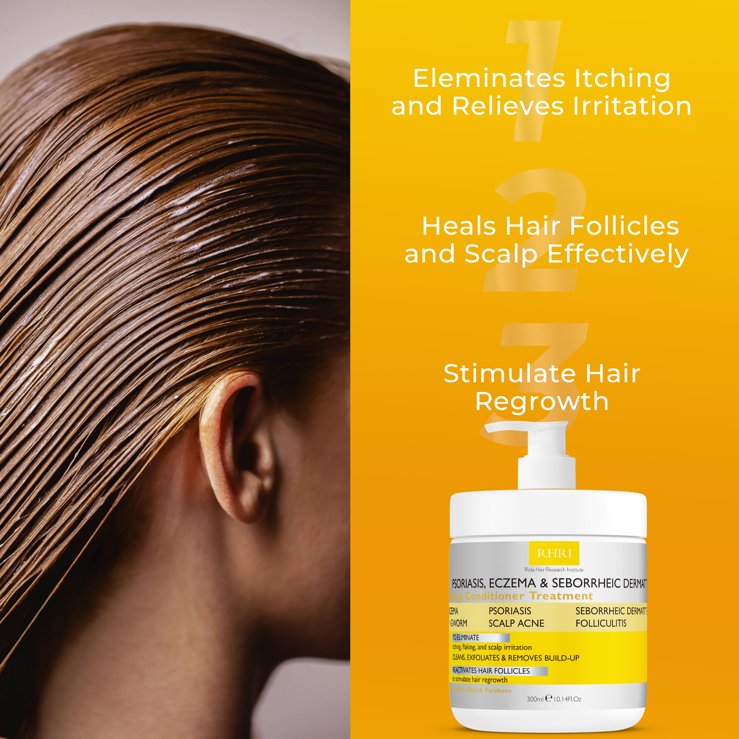 Rida conditioner applied to scalp illustration suggesting soothing treatment for flaky skin