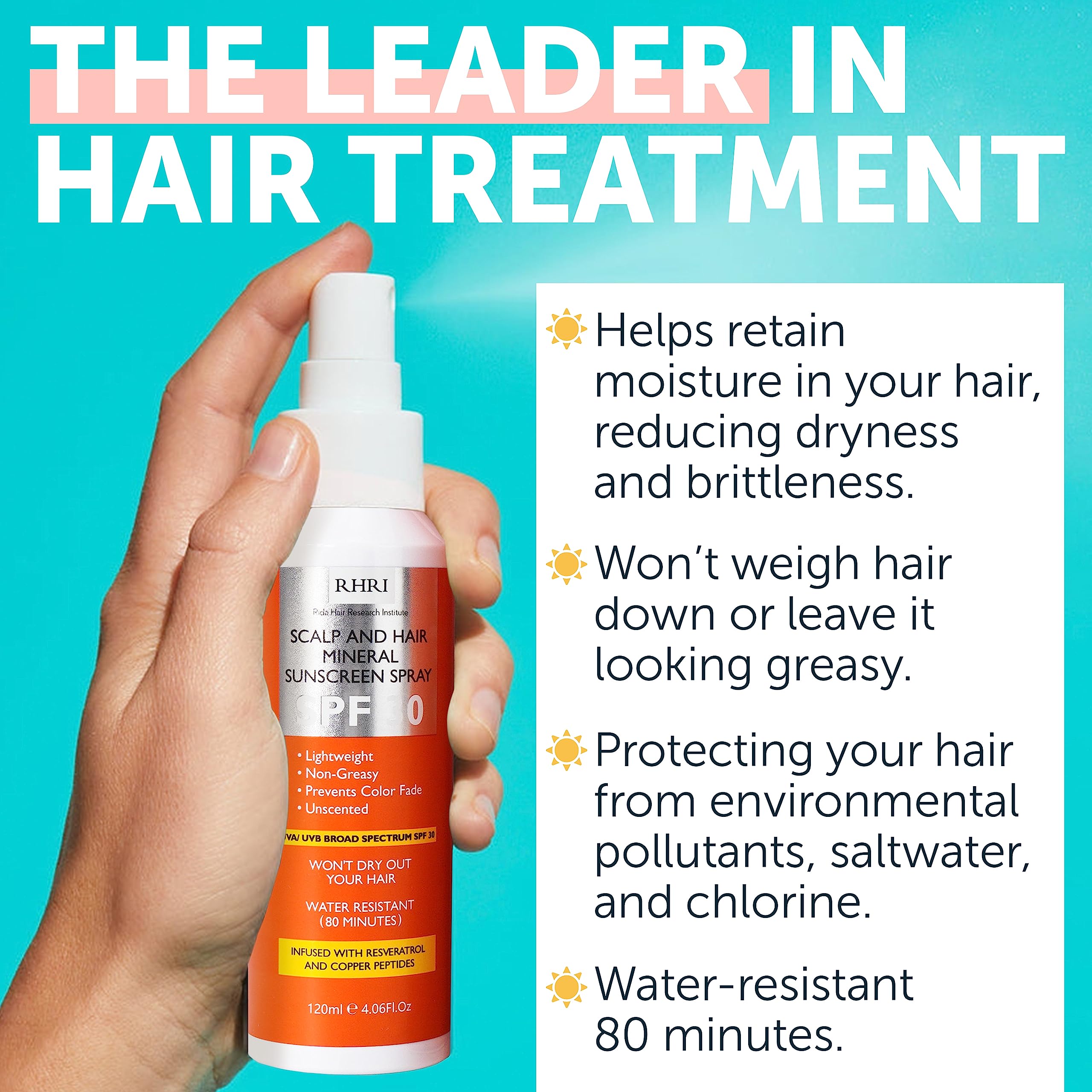 Rida hair sunscreen spray application focuses on scalp with quick-dry feel.