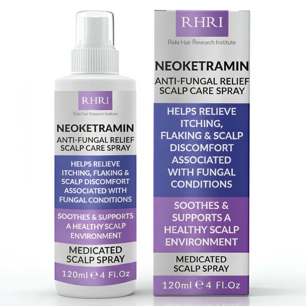 Rida Neoketramin spray bottle for soothing, non-greasy relief for irritated scalps.