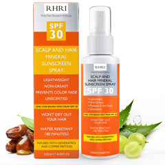Rida Premium SPF30 hair sunscreen spray bottle protects strands from sun exposure.