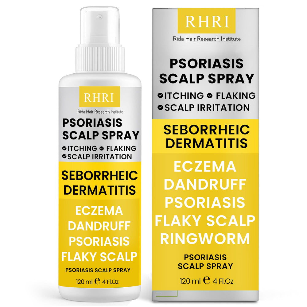 Rida Psoriasis Scalp Spray bottle ready for targeted antifungal relief on psoriasis.